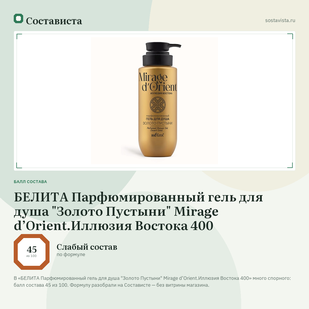 БЕЛИТА Парфюмированный гель для душа "Золото Пустыни" Mirage d’Orient.Иллюзия Востока 400: балл состава 45 из 100 — Состависта