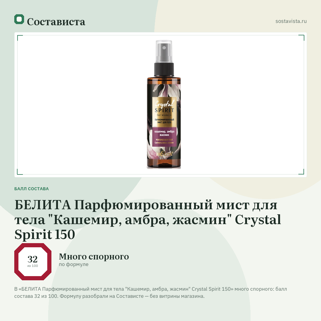 БЕЛИТА Парфюмированный мист для тела "Кашемир, амбра, жасмин" Crystal Spirit 150: балл состава 32 из 100 — Состависта