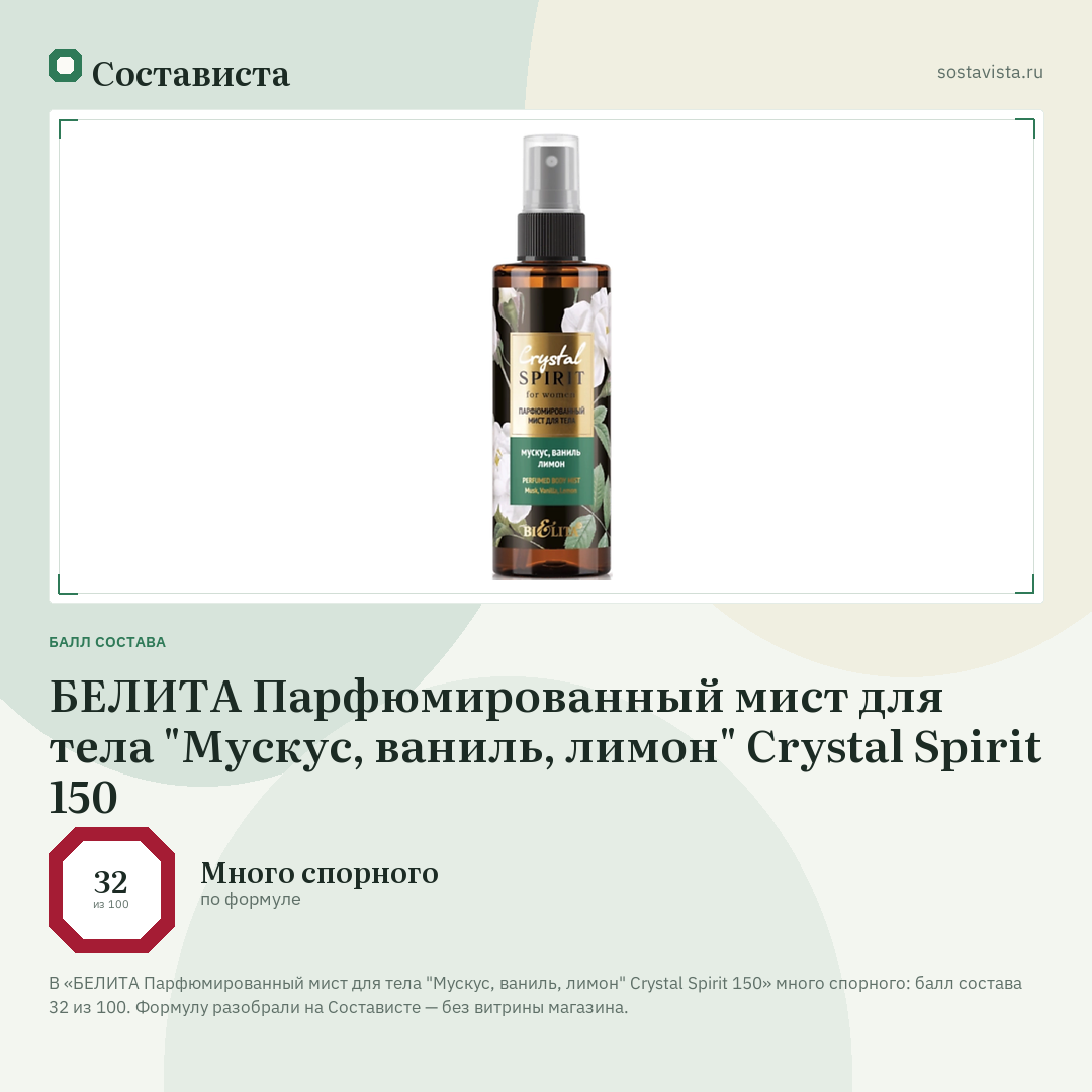 БЕЛИТА Парфюмированный мист для тела "Мускус, ваниль, лимон" Crystal Spirit 150: балл состава 32 из 100 — Состависта