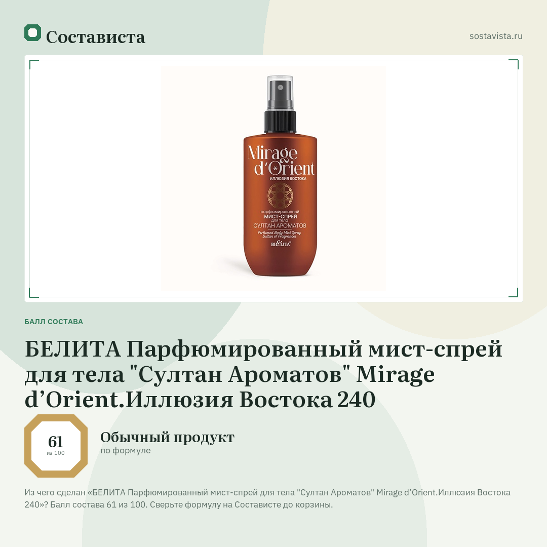 БЕЛИТА Парфюмированный мист-спрей для тела "Султан Ароматов" Mirage d’Orient.Иллюзия Востока 240: балл состава 61 из 100 — Состависта