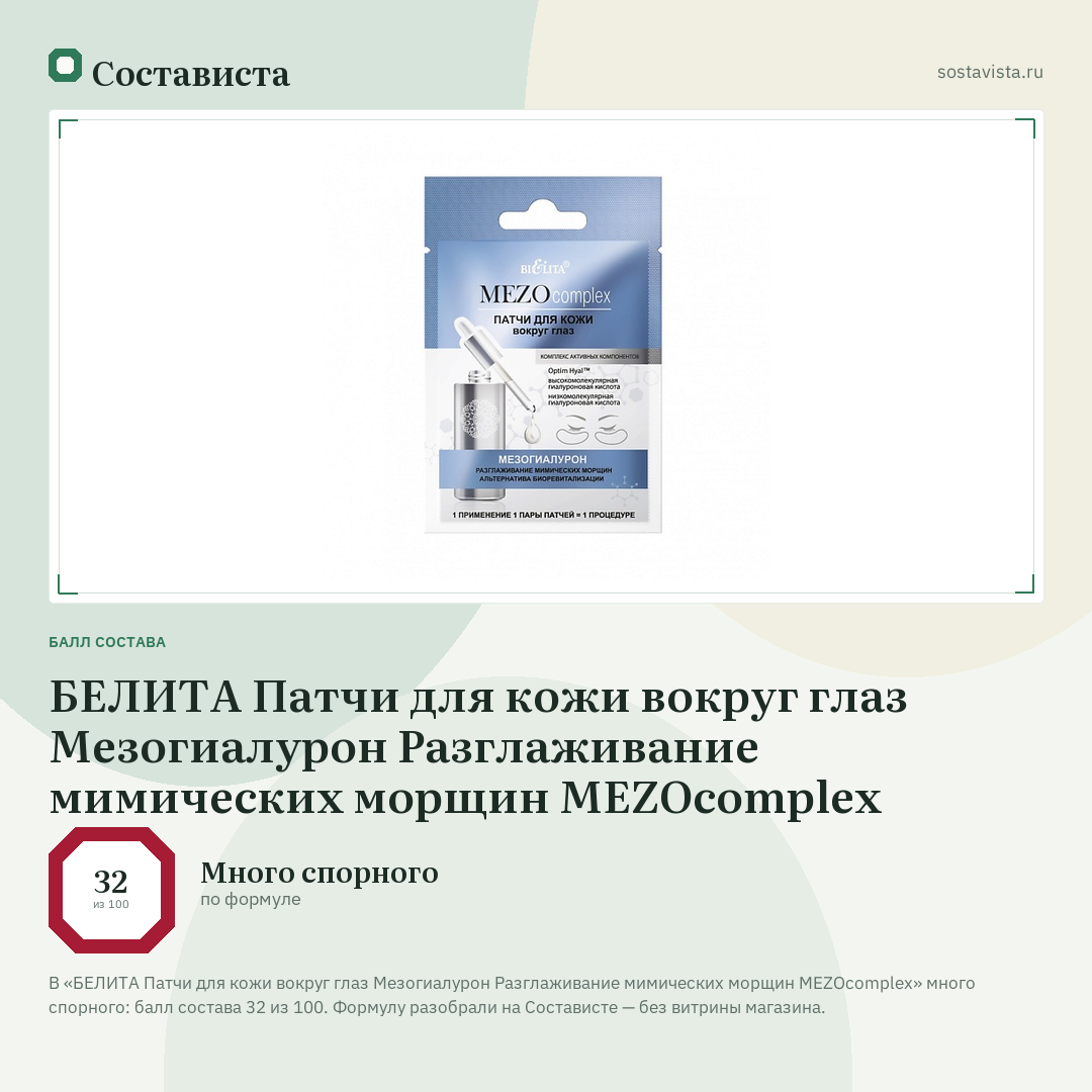 БЕЛИТА Патчи для кожи вокруг глаз Мезогиалурон Разглаживание мимических морщин MEZOcomplex: балл состава 32 из 100 — Состависта