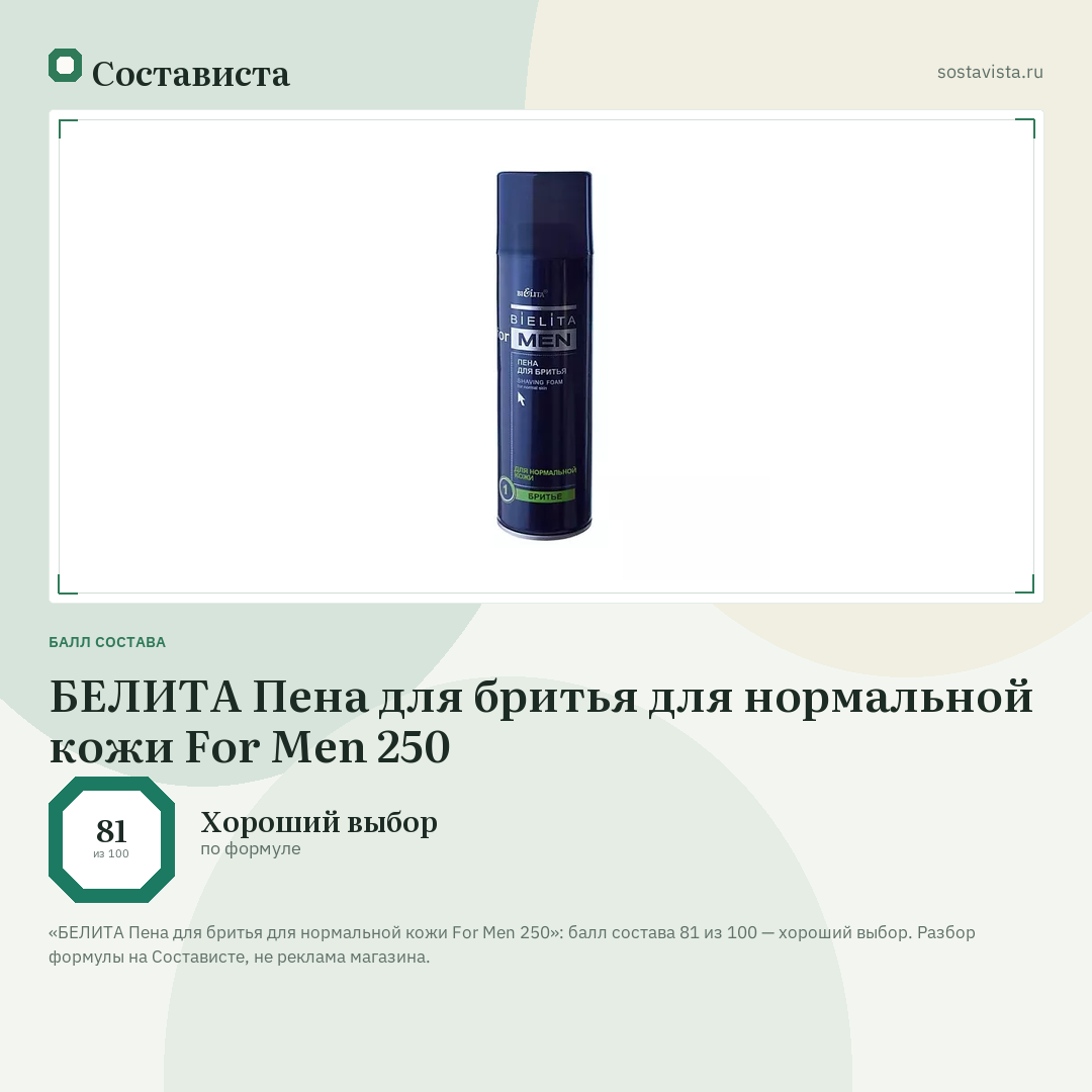 БЕЛИТА Пена для бритья для нормальной кожи For Men 250: балл состава 81 из 100 — Состависта