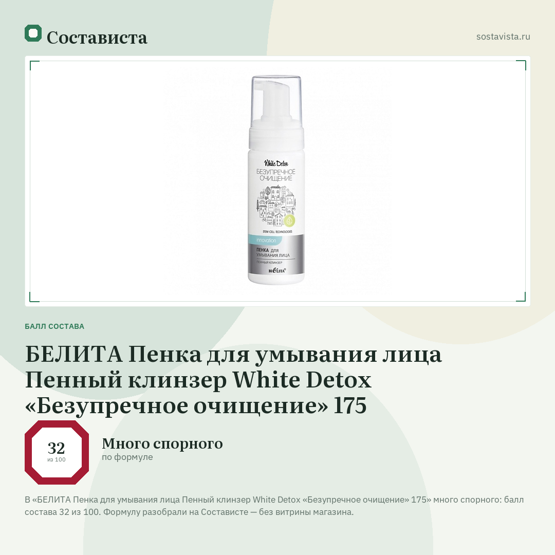 БЕЛИТА Пенка для умывания лица Пенный клинзер White Detox «Безупречное очищение» 175: балл состава 32 из 100 — Состависта