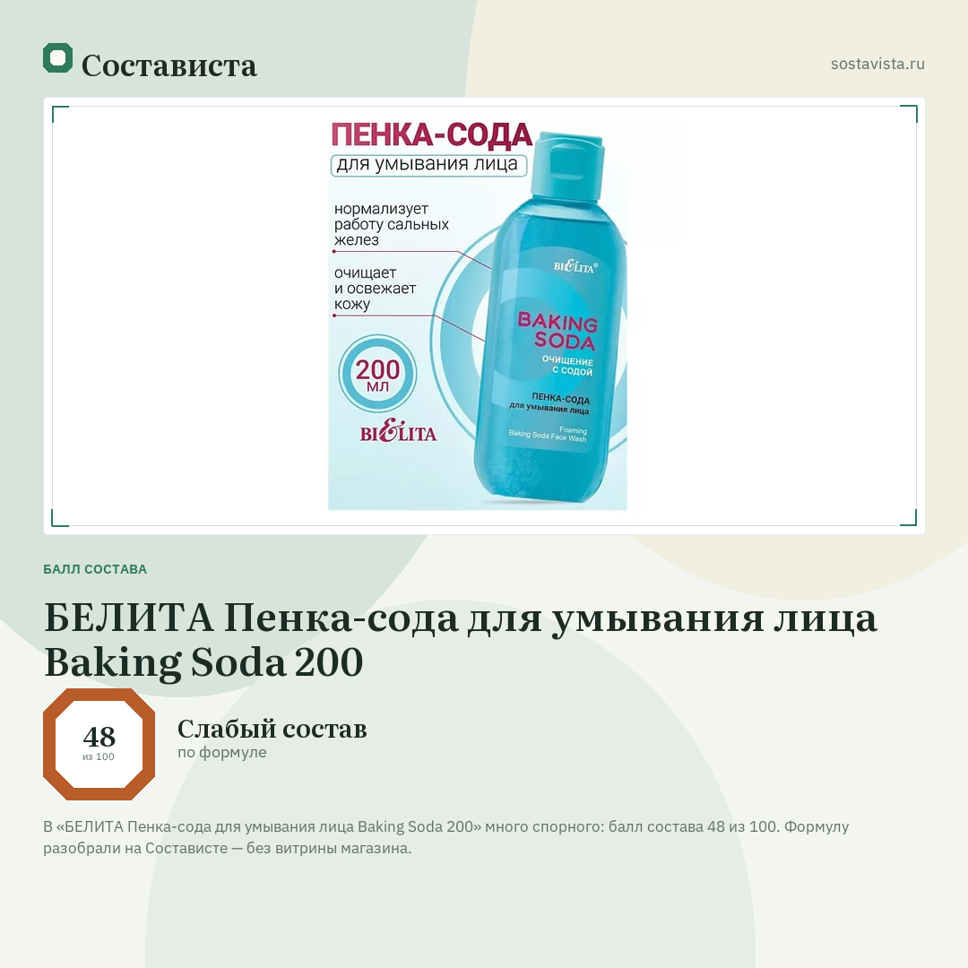 БЕЛИТА Пенка-сода для умывания лица Baking Soda 200: балл состава 48 из 100 — Состависта