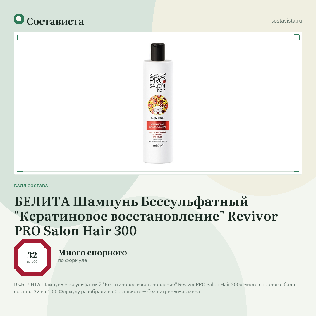 БЕЛИТА Шампунь Бессульфатный "Кератиновое восстановление" Revivor PRO Salon Hair 300: балл состава 32 из 100 — Состависта