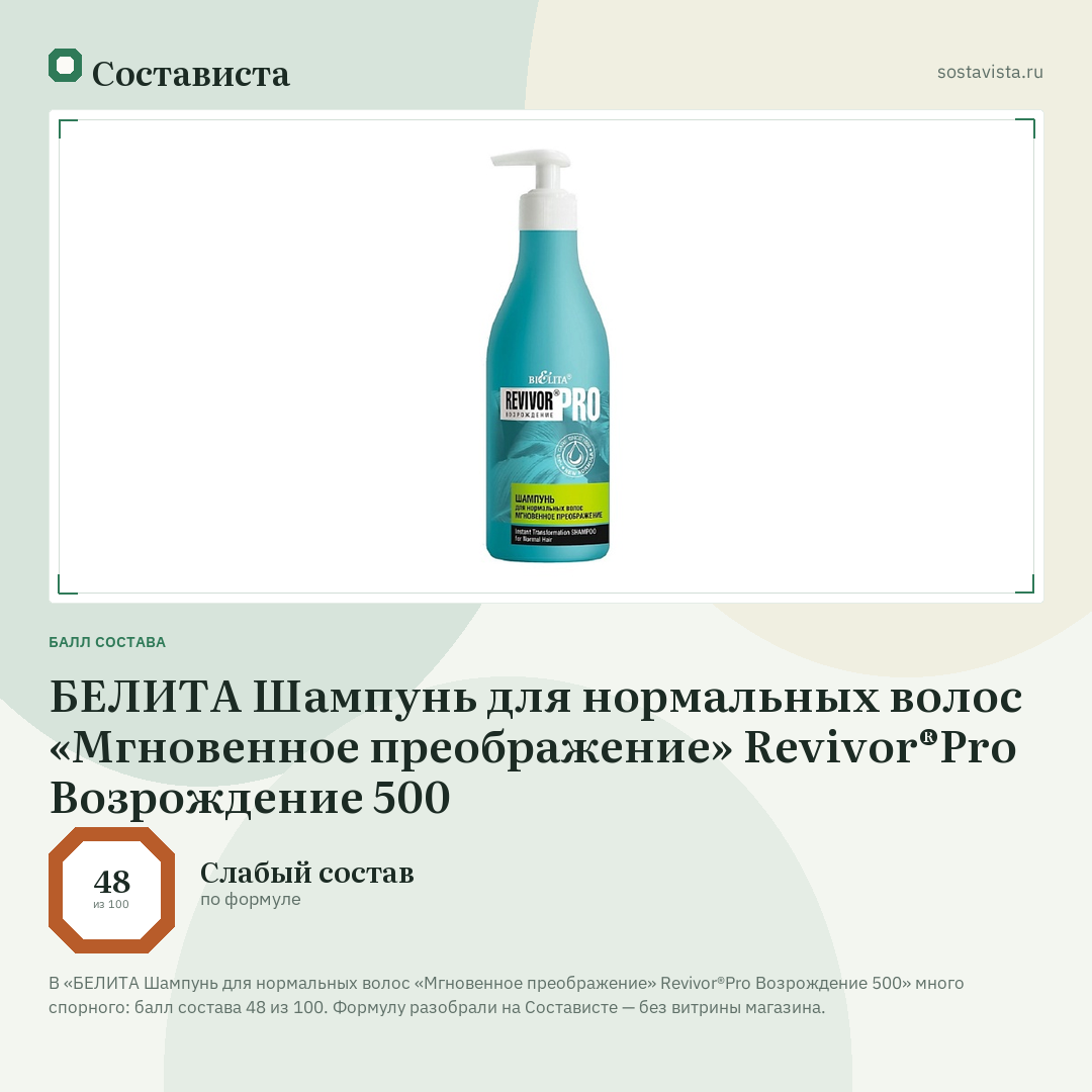 БЕЛИТА Шампунь для нормальных волос «Мгновенное преображение» Revivor®Pro Возрождение 500: балл состава 48 из 100 — Состависта