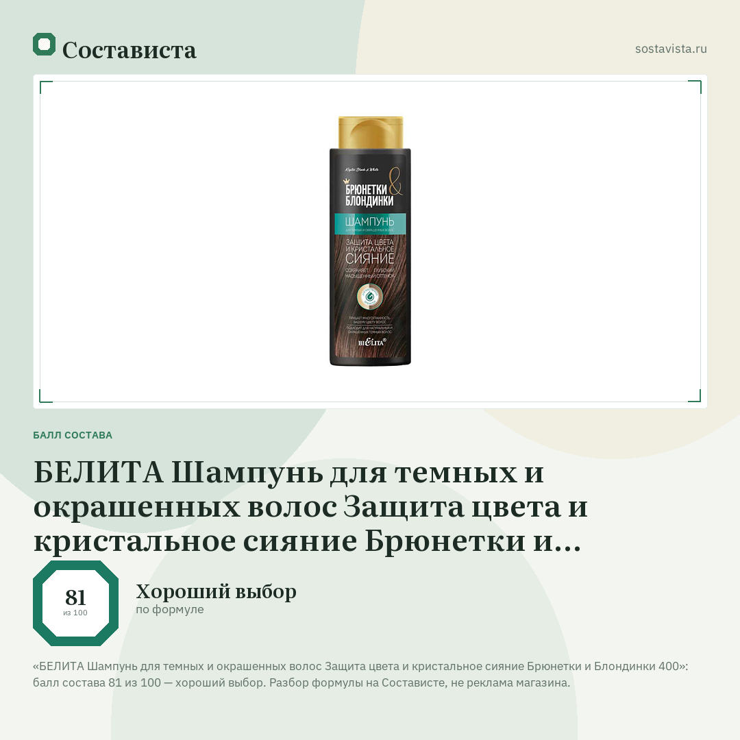 БЕЛИТА Шампунь для темных и окрашенных волос Защита цвета и кристальное сияние Брюнетки и Блондинки 400: балл состава 81 из 100 — Состависта