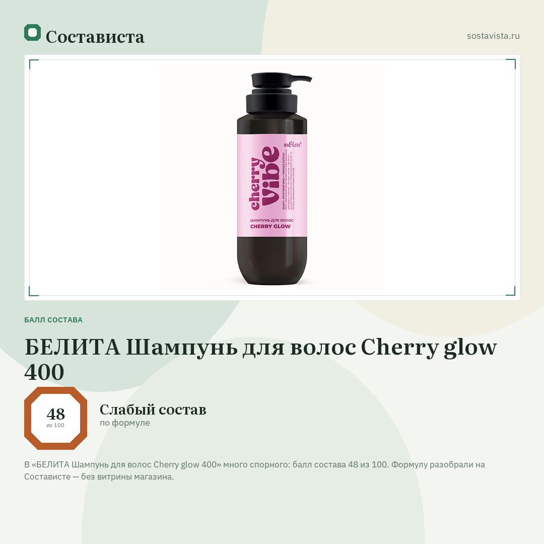 БЕЛИТА Шампунь для волос Cherry glow 400: балл состава 48 из 100 — Состависта