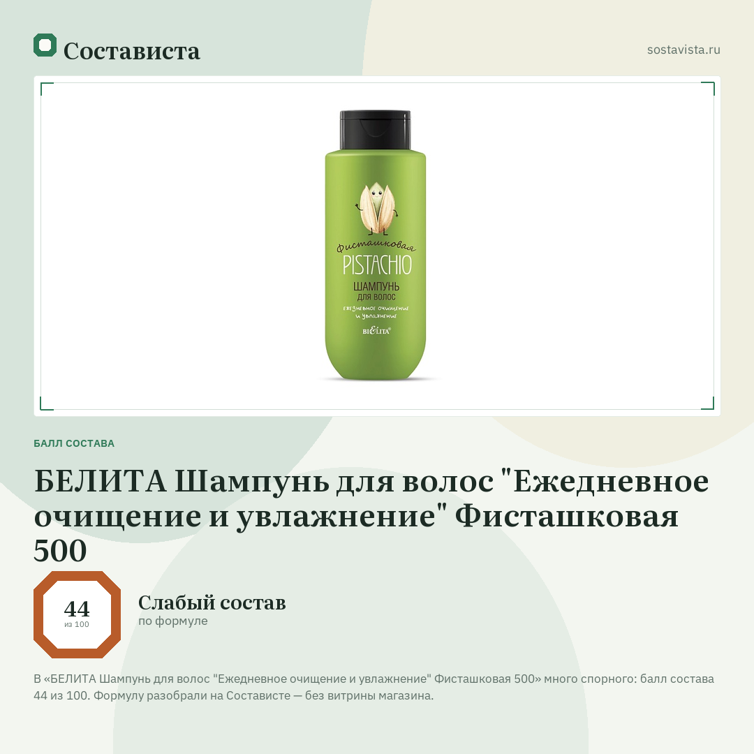 БЕЛИТА Шампунь для волос "Ежедневное очищение и увлажнение" Фисташковая 500: балл состава 44 из 100 — Состависта