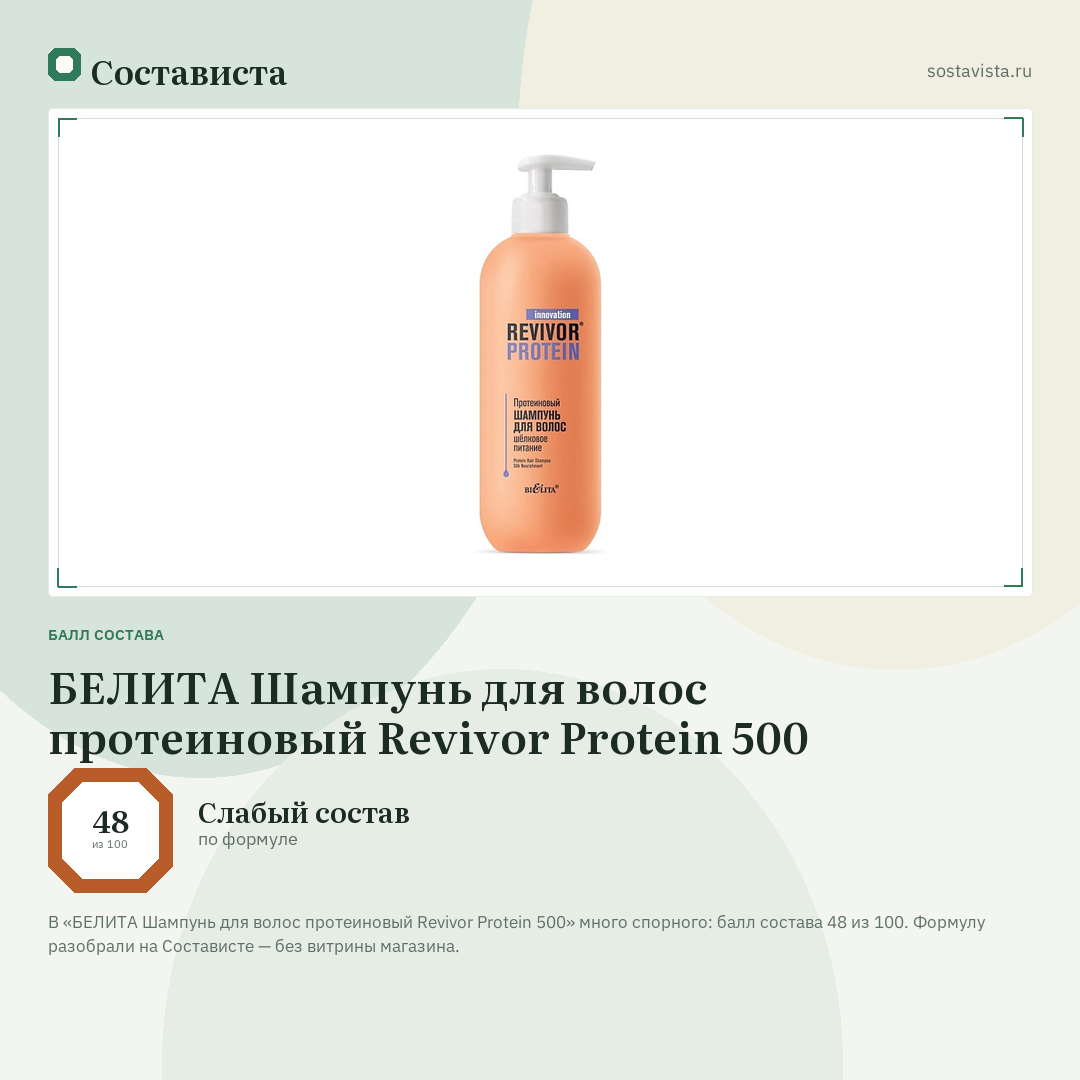 БЕЛИТА Шампунь для волос протеиновый Revivor Protein 500: балл состава 48 из 100 — Состависта