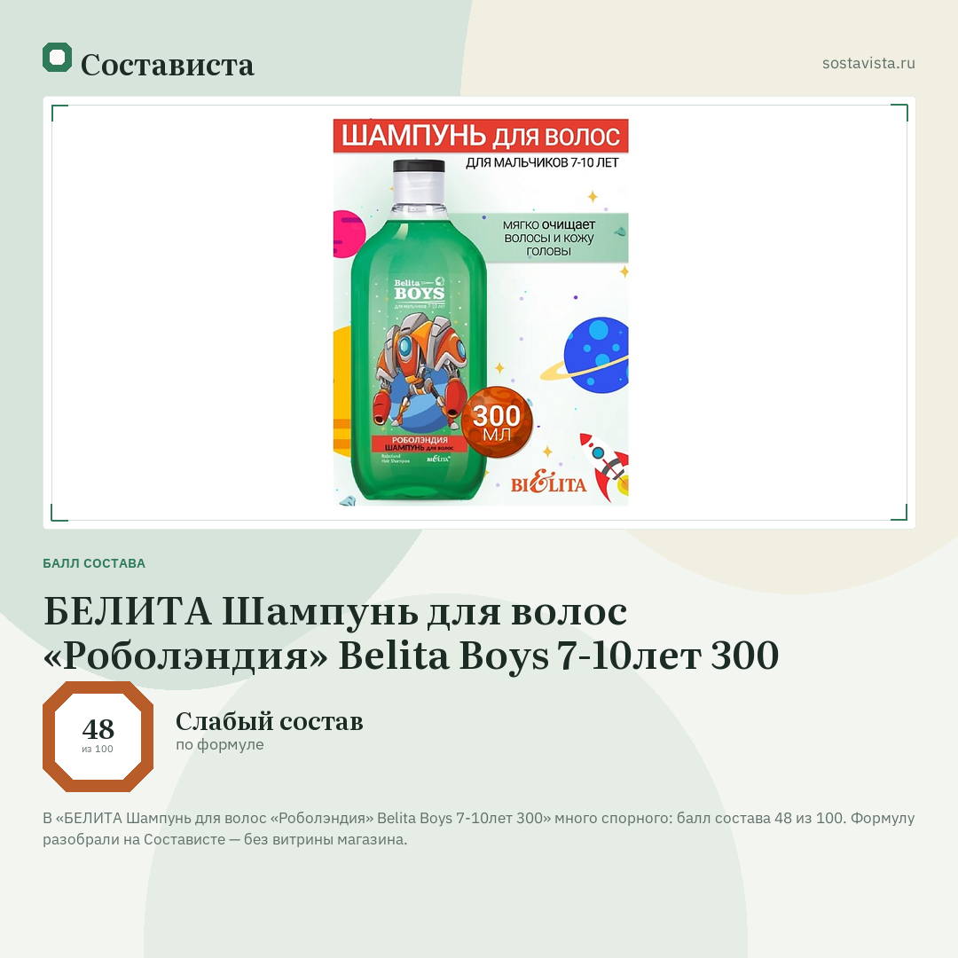 БЕЛИТА Шампунь для волос «Роболэндия» Belita Boys 7-10лет 300: балл состава 48 из 100 — Состависта