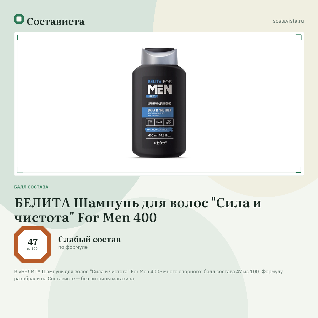 БЕЛИТА Шампунь для волос "Сила и чистота" For Men 400: балл состава 47 из 100 — Состависта