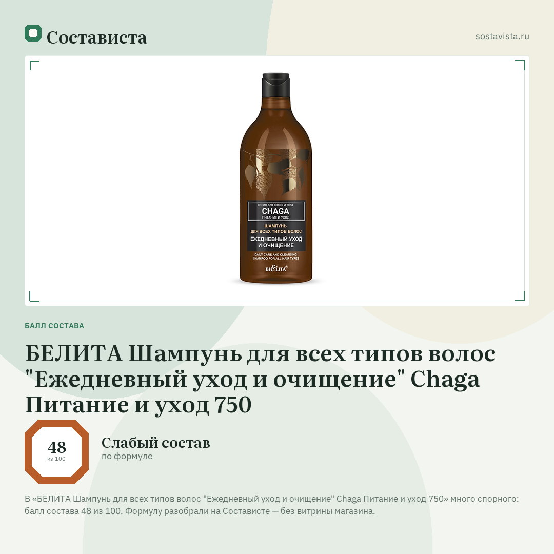 БЕЛИТА Шампунь для всех типов волос "Ежедневный уход и очищение" Chaga Питание и уход 750: балл состава 48 из 100 — Состависта