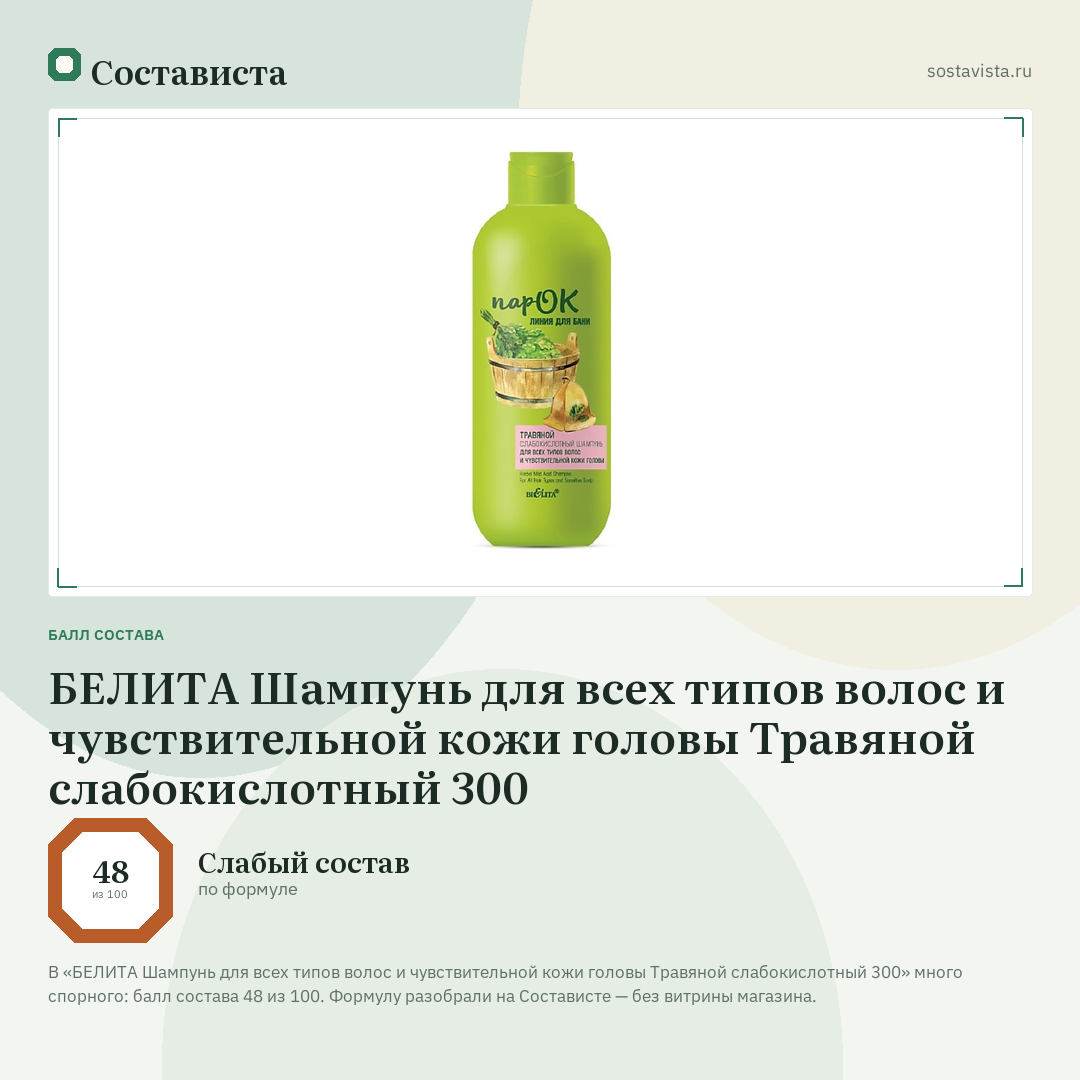 БЕЛИТА Шампунь для всех типов волос и чувствительной кожи головы Травяной слабокислотный 300: балл состава 48 из 100 — Состависта