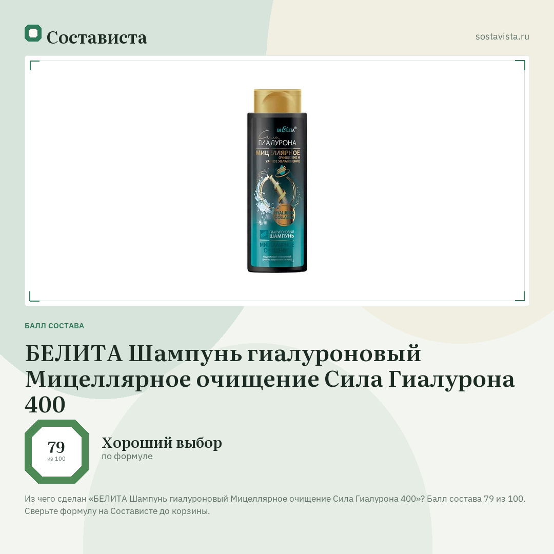 БЕЛИТА Шампунь гиалуроновый Мицеллярное очищение Сила Гиалурона 400: балл состава 79 из 100 — Состависта