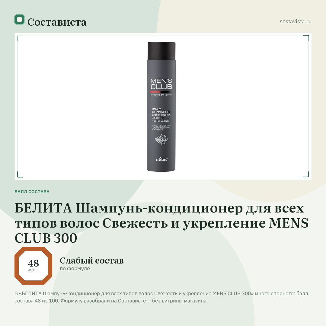 БЕЛИТА Шампунь-кондиционер для всех типов волос Свежесть и укрепление MENS CLUB 300: балл состава 48 из 100 — Состависта