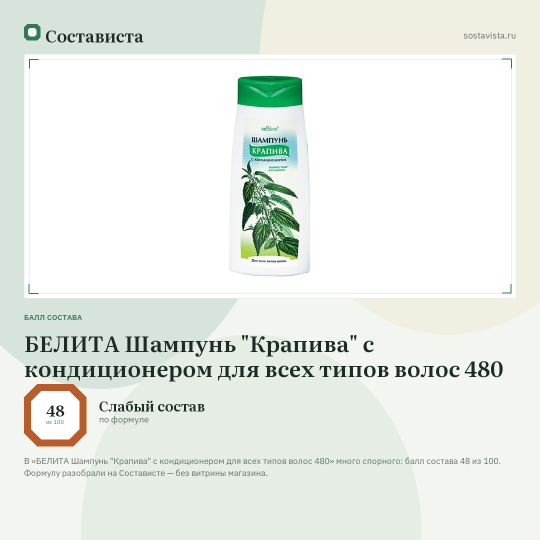 БЕЛИТА Шампунь "Крапива" с кондиционером для всех типов волос 480: балл состава 48 из 100 — Состависта