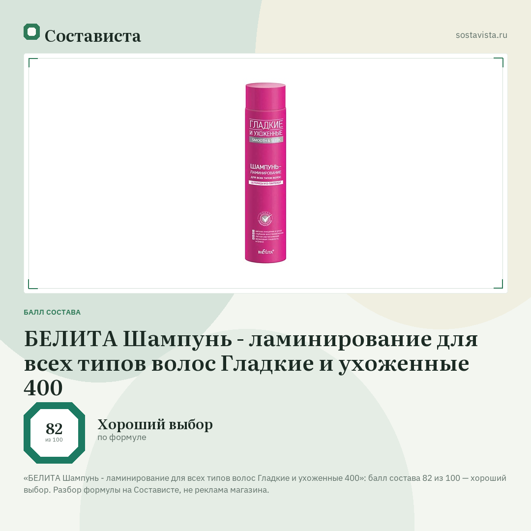 БЕЛИТА Шампунь - ламинирование для всех типов волос Гладкие и ухоженные 400: балл состава 82 из 100 — Состависта