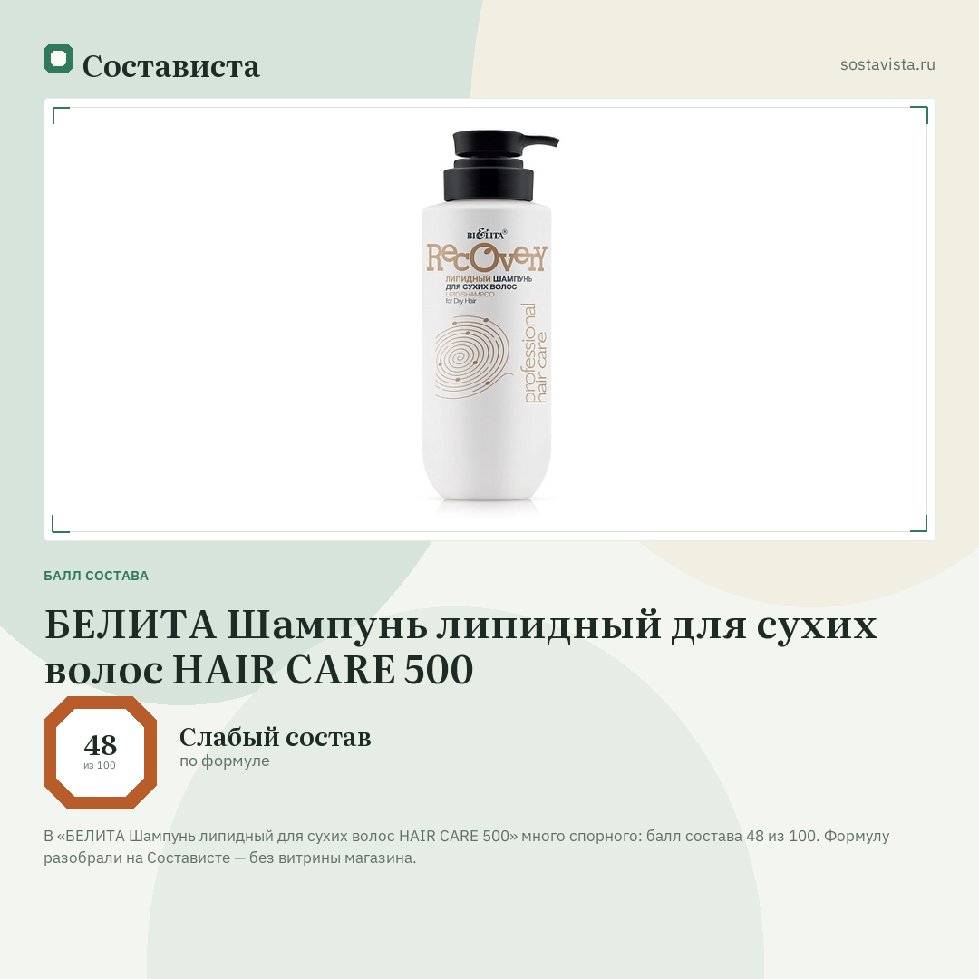 БЕЛИТА Шампунь липидный для сухих волос HAIR CARE 500: балл состава 48 из 100 — Состависта