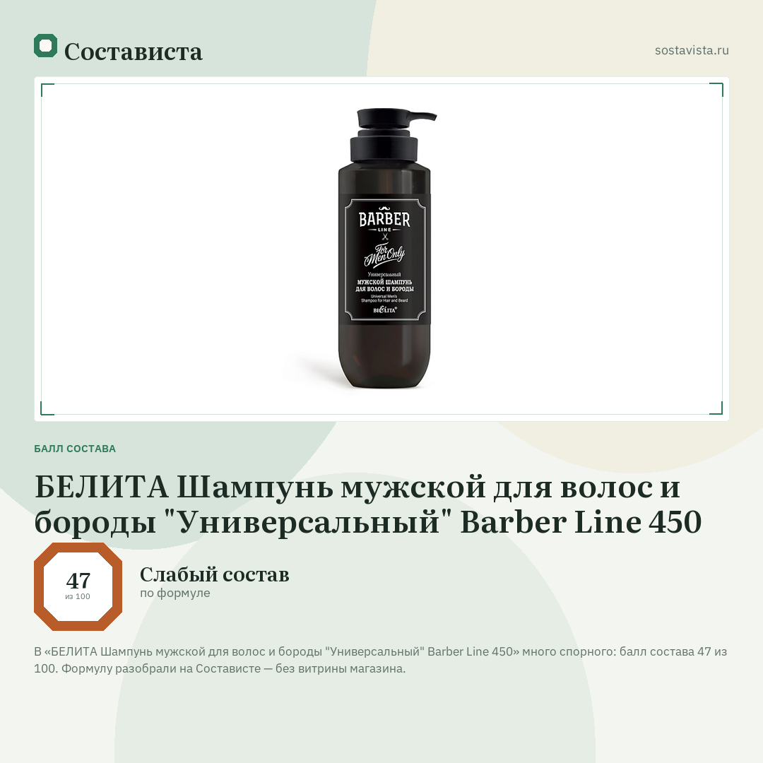 БЕЛИТА Шампунь мужской для волос и бороды "Универсальный" Barber Line 450: балл состава 47 из 100 — Состависта