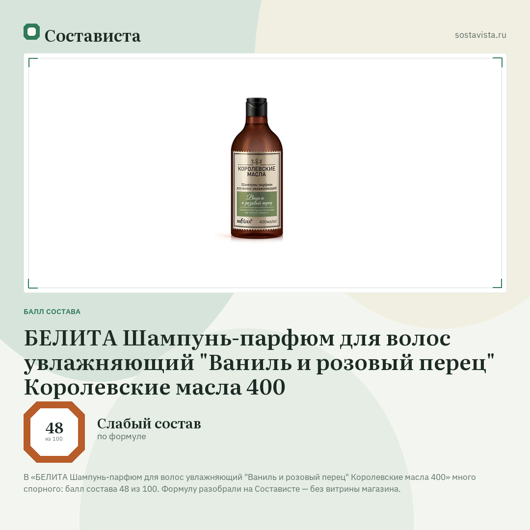 БЕЛИТА Шампунь-парфюм для волос увлажняющий "Ваниль и розовый перец" Королевские масла 400: балл состава 48 из 100 — Состависта