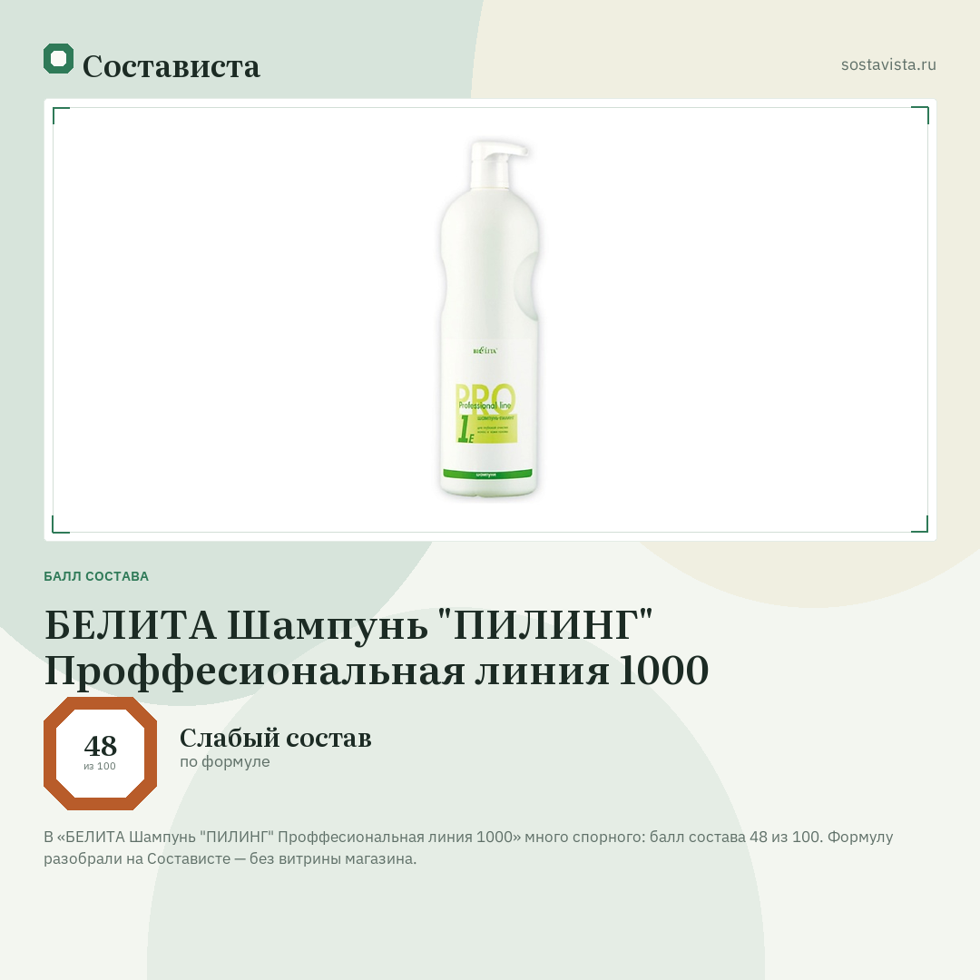БЕЛИТА Шампунь "ПИЛИНГ" Проффесиональная линия 1000: балл состава 48 из 100 — Состависта