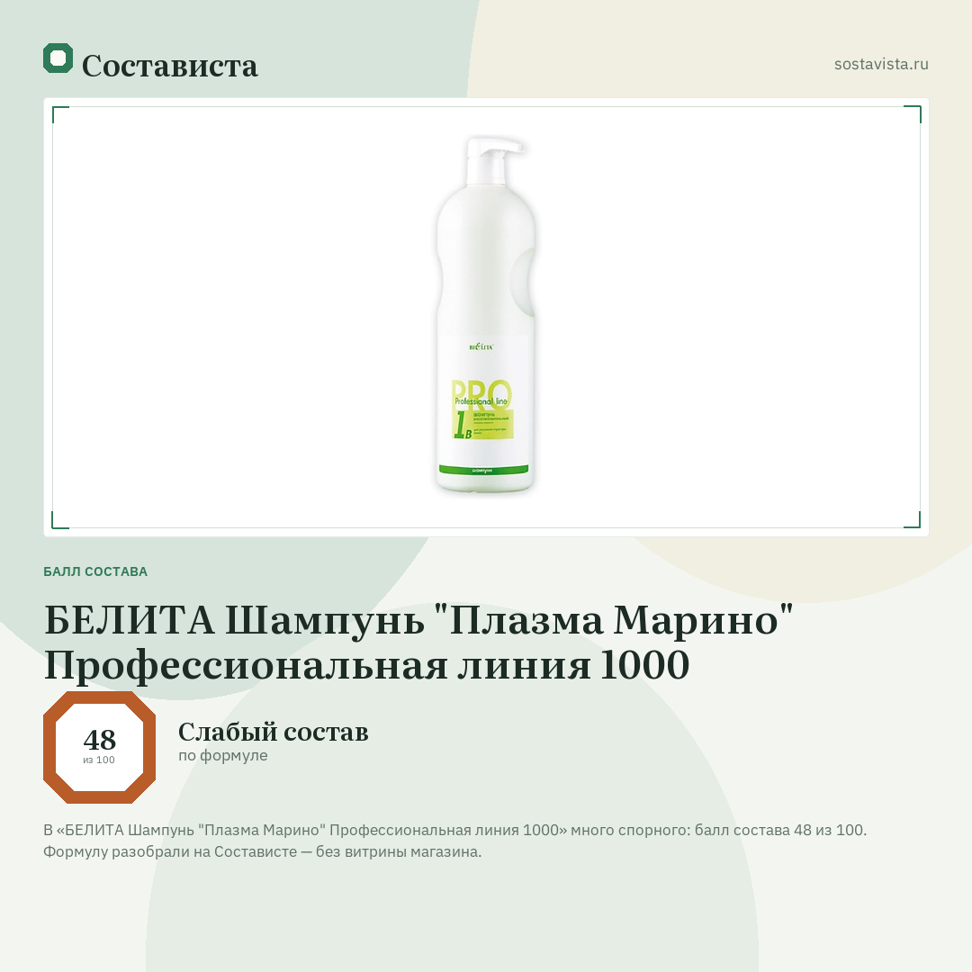 БЕЛИТА Шампунь "Плазма Марино" Профессиональная линия 1000: балл состава 48 из 100 — Состависта