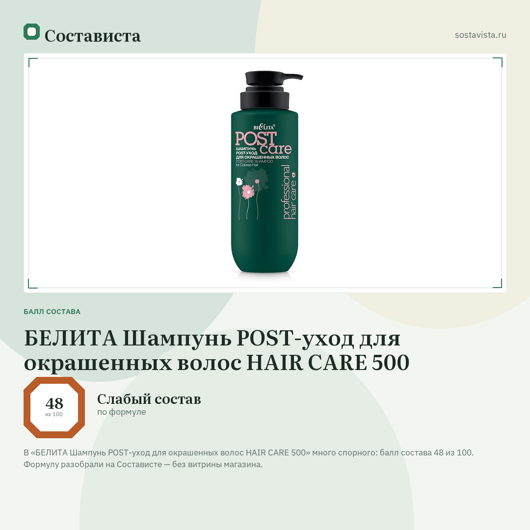 БЕЛИТА Шампунь POST-уход для окрашенных волос HAIR CARE 500: балл состава 48 из 100 — Состависта