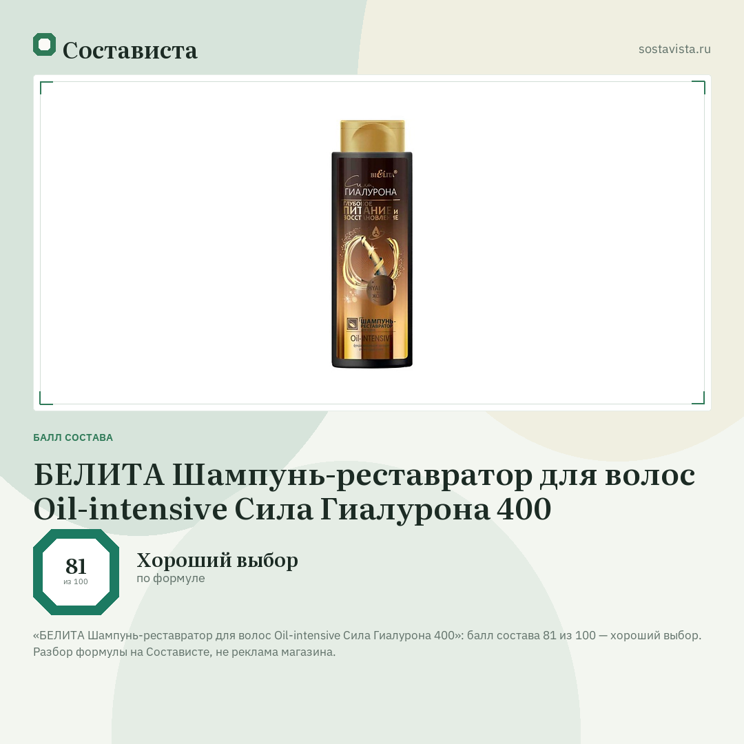 БЕЛИТА Шампунь-реставратор для волос Oil-intensive Сила Гиалурона 400: балл состава 81 из 100 — Состависта
