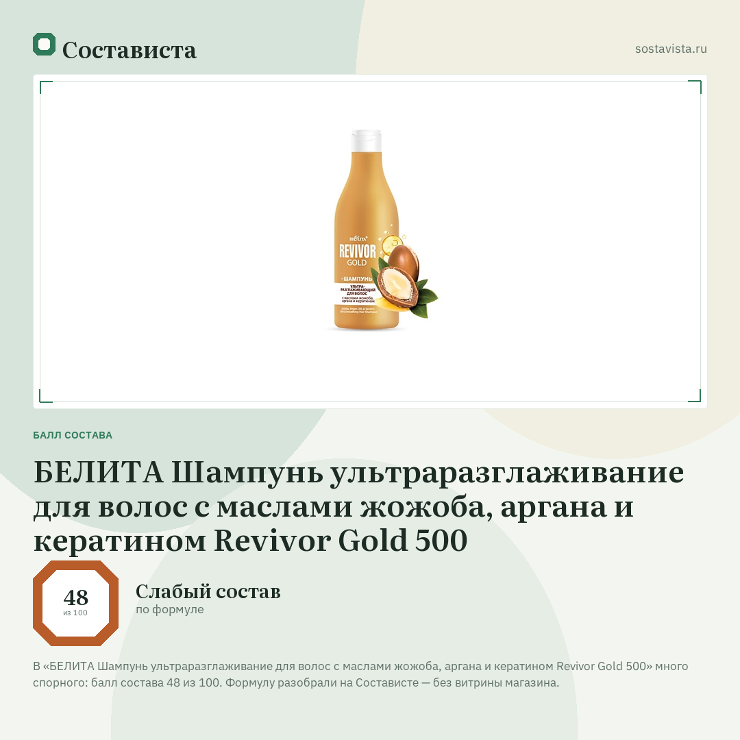 БЕЛИТА Шампунь ультраразглаживание для волос с маслами жожоба, аргана и кератином Revivor Gold 500: балл состава 48 из 100 — Состависта