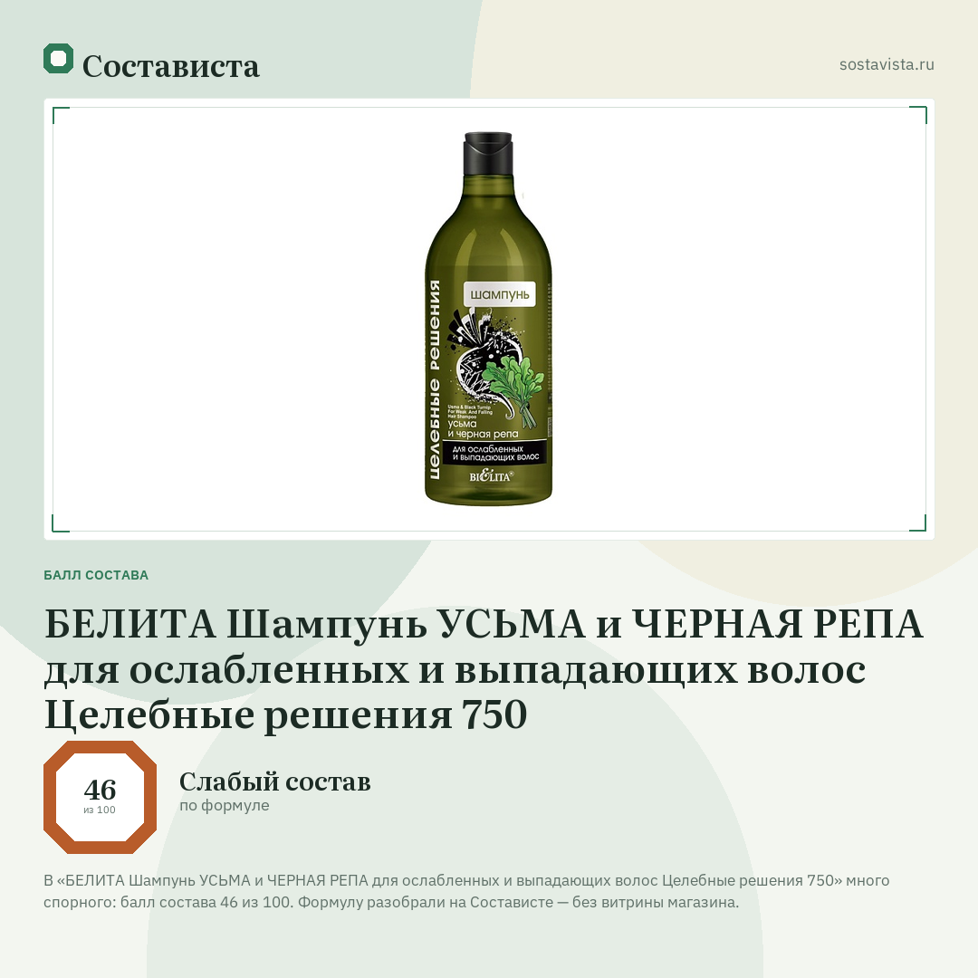 БЕЛИТА Шампунь УСЬМА и ЧЕРНАЯ РЕПА для ослабленных и выпадающих волос Целебные решения 750: балл состава 46 из 100 — Состависта