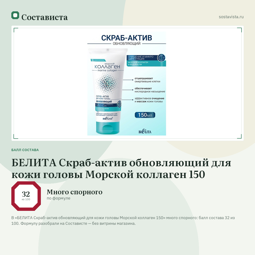 БЕЛИТА Скраб-актив обновляющий для кожи головы Морской коллаген 150: балл состава 32 из 100 — Состависта