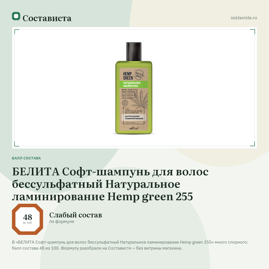 БЕЛИТА Софт-шампунь для волос бессульфатный Натуральное ламинирование Hemp green 255: балл состава 48 из 100 — Состависта