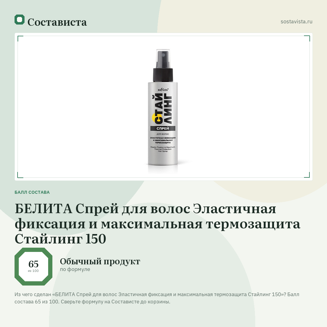 БЕЛИТА Спрей для волос Эластичная фиксация и максимальная термозащита Стайлинг 150: балл состава 65 из 100 — Состависта