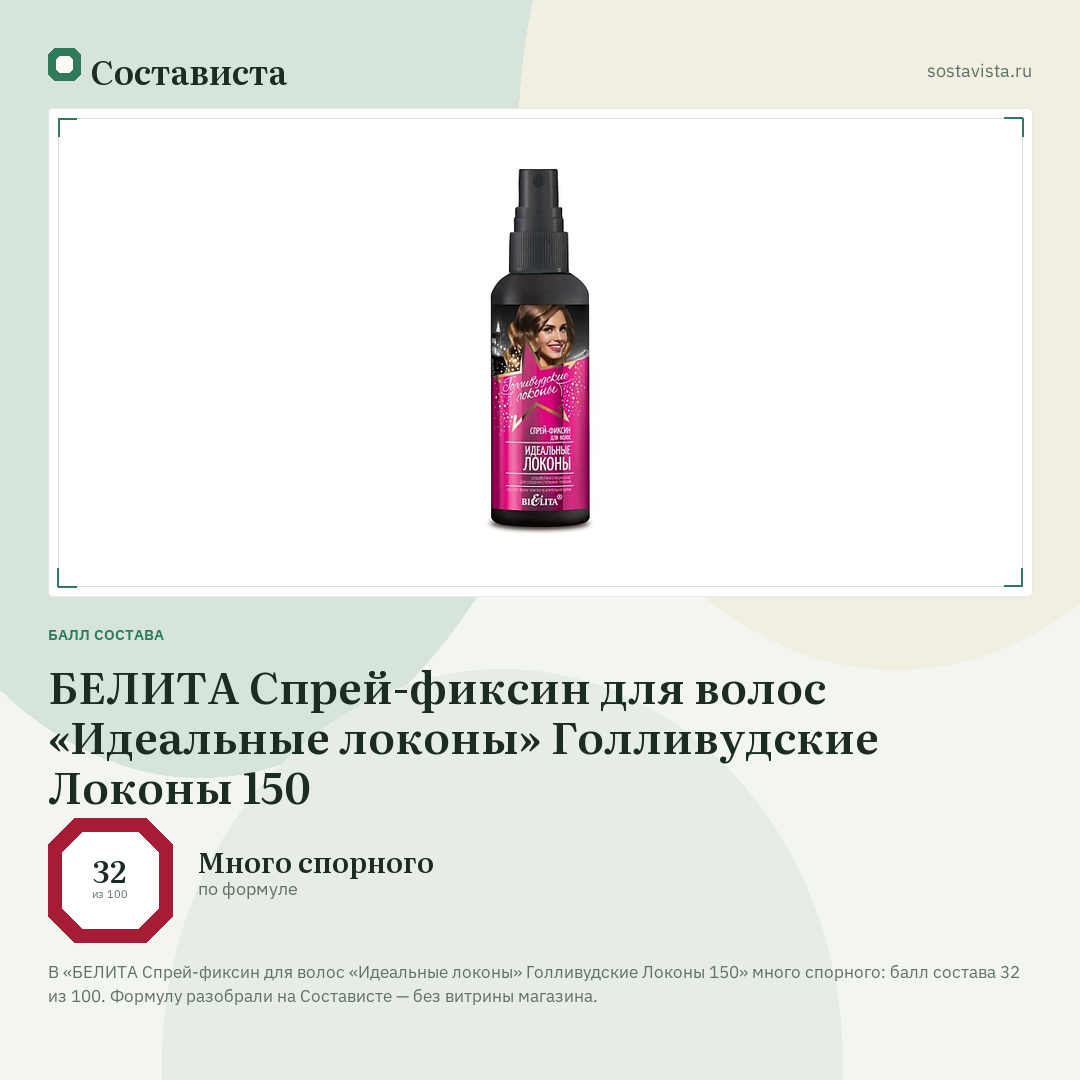 БЕЛИТА Спрей-фиксин для волос «Идеальные локоны» Голливудские Локоны 150: балл состава 32 из 100 — Состависта