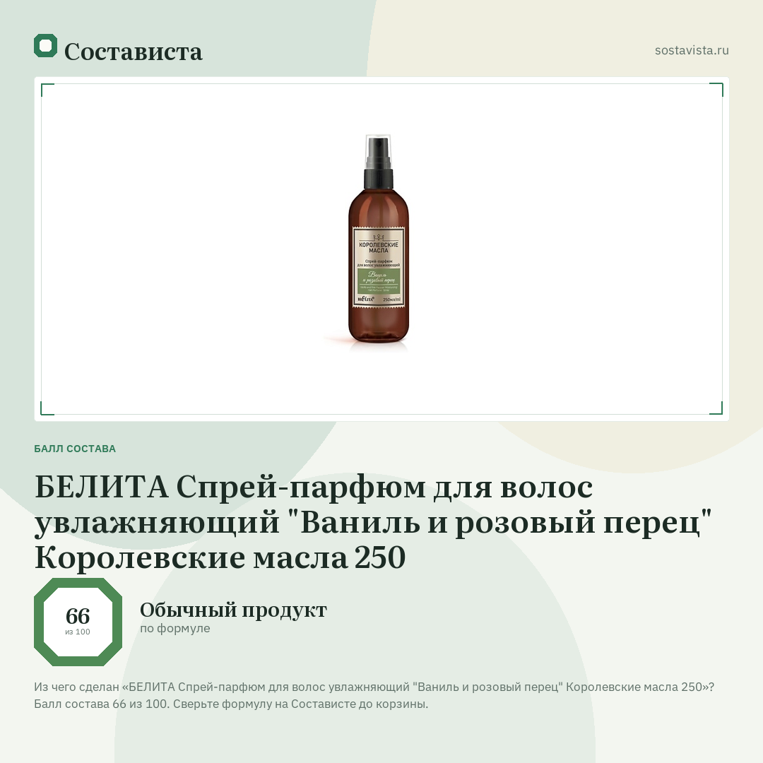 БЕЛИТА Спрей-парфюм для волос увлажняющий "Ваниль и розовый перец" Королевские масла 250: балл состава 66 из 100 — Состависта