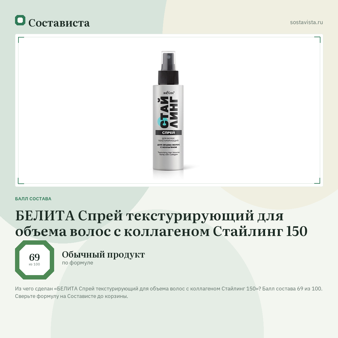 БЕЛИТА Спрей текстурирующий для объема волос с коллагеном Стайлинг 150: балл состава 69 из 100 — Состависта