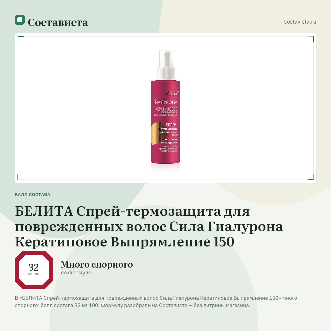 БЕЛИТА Спрей-термозащита для поврежденных волос Сила Гиалурона Кератиновое Выпрямление 150: балл состава 32 из 100 — Состависта