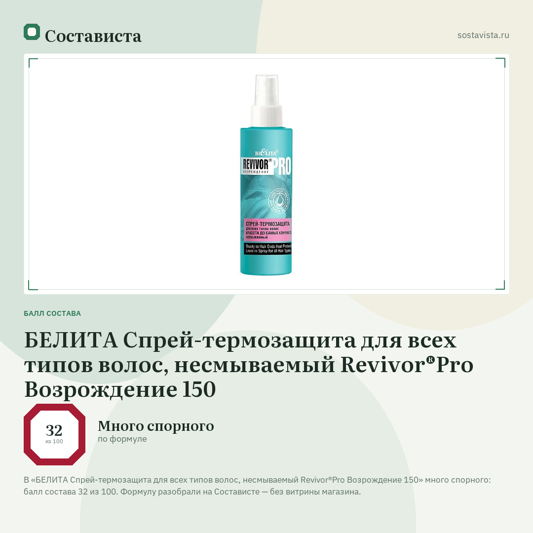 БЕЛИТА Спрей-термозащита для всех типов волос, несмываемый Revivor®Pro Возрождение 150: балл состава 32 из 100 — Состависта