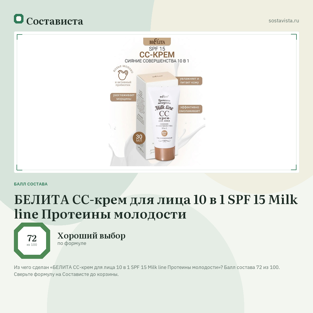 БЕЛИТА СС-крем для лица 10 в 1 SPF 15 Milk line Протеины молодости: балл состава 72 из 100 — Состависта