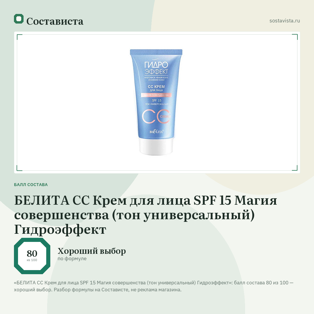 БЕЛИТА СС Крем для лица SPF 15 Магия совершенства (тон универсальный) Гидроэффект: балл состава 80 из 100 — Состависта
