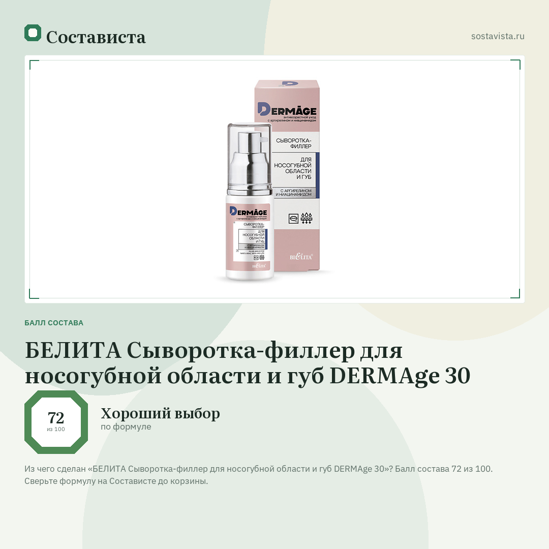 БЕЛИТА Сыворотка-филлер для носогубной области и губ DERMAge 30: балл состава 72 из 100 — Состависта