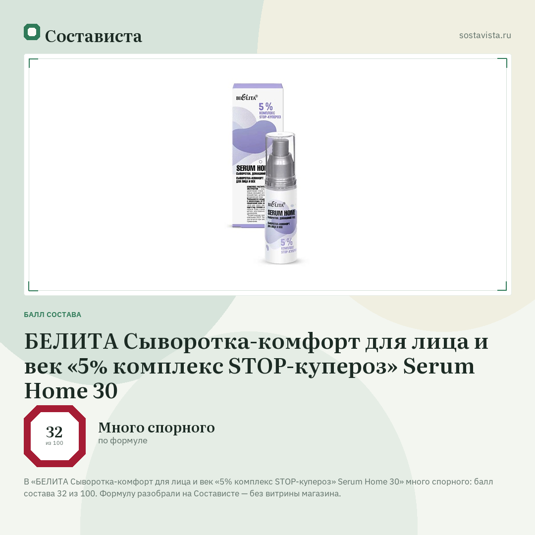 БЕЛИТА Сыворотка-комфорт для лица и век «5% комплекс STOP-купероз» Serum Home 30: балл состава 32 из 100 — Состависта