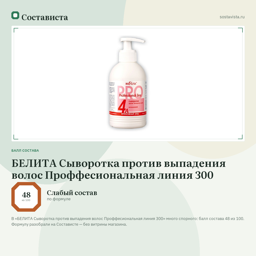 БЕЛИТА Сыворотка против выпадения волос Проффесиональная линия 300: балл состава 48 из 100 — Состависта