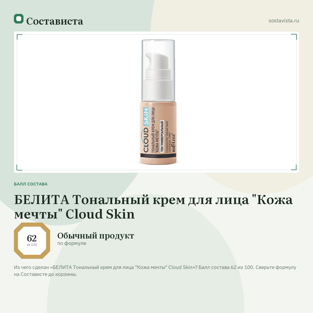 БЕЛИТА Тональный крем для лица "Кожа мечты" Cloud Skin: балл состава 62 из 100 — Состависта