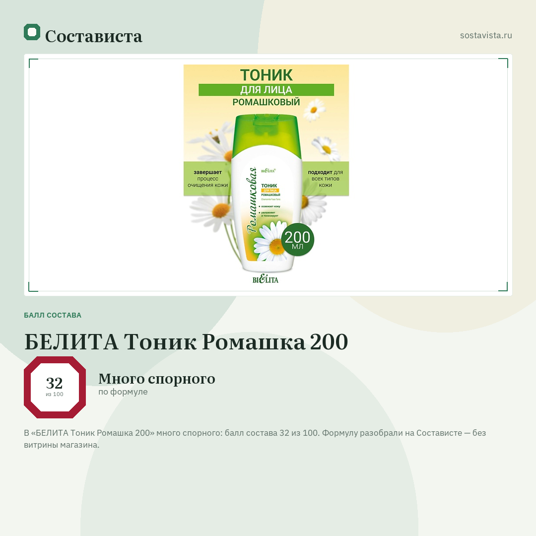 БЕЛИТА Тоник Ромашка 200: балл состава 32 из 100 — Состависта