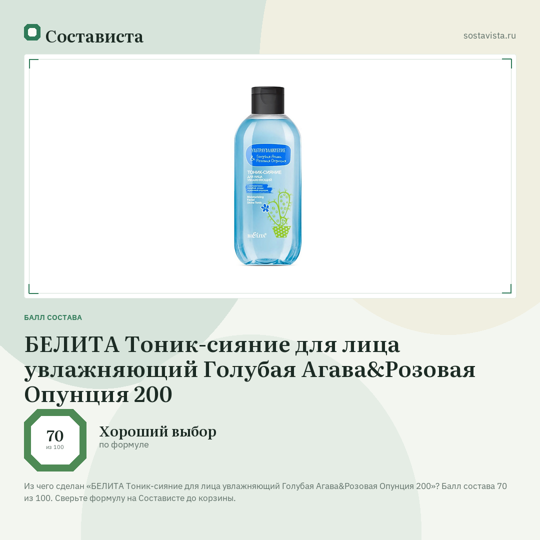 БЕЛИТА Тоник-сияние для лица увлажняющий Голубая Агава&Розовая Опунция 200: балл состава 70 из 100 — Состависта