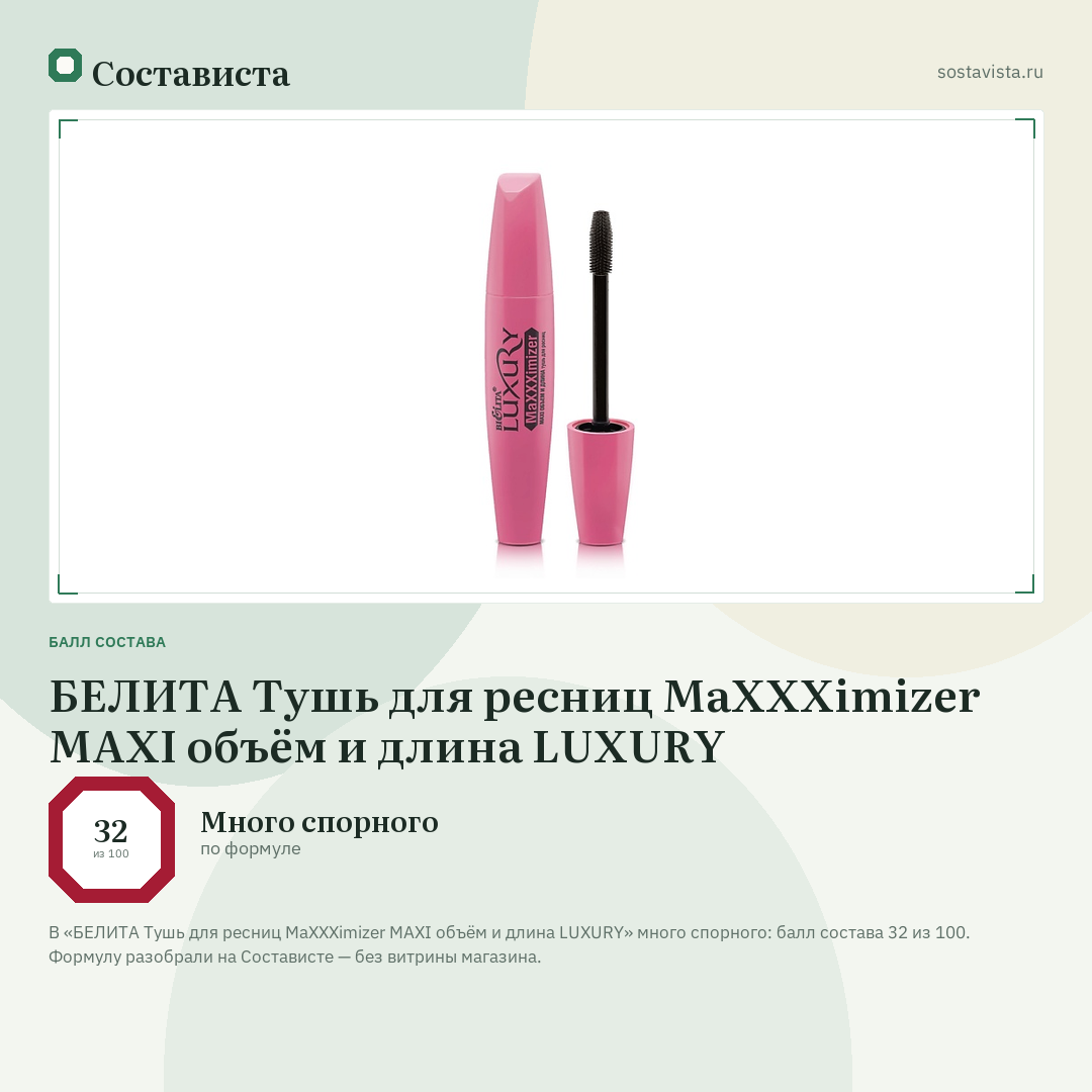 БЕЛИТА Тушь для ресниц MaXXXimizer MAХI объём и длина LUXURY: балл состава 32 из 100 — Состависта