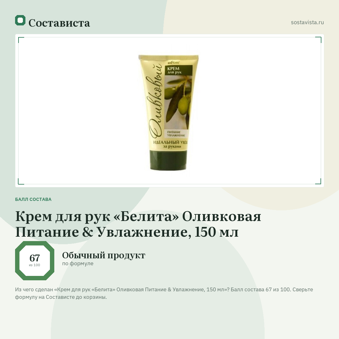 Крем для рук «Белита» Оливковая Питание & Увлажнение, 150 мл: балл состава 67 из 100 — Состависта