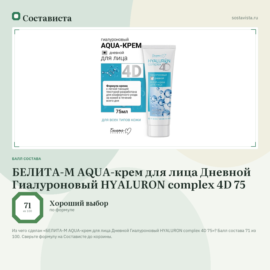 БЕЛИТА-М AQUA-крем для лица Дневной Гиалуроновый HYALURON complex 4D 75: балл состава 71 из 100 — Состависта